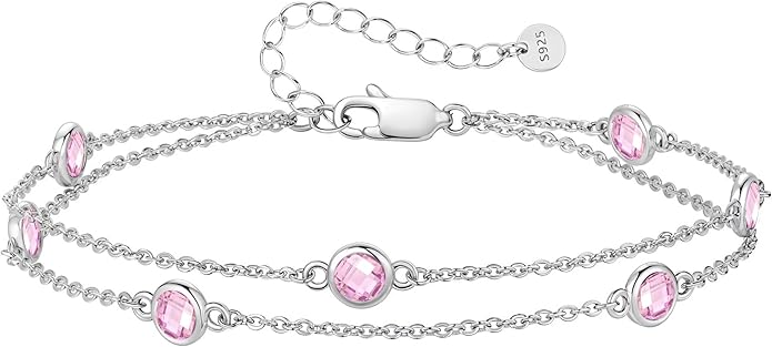 LOUISA SECRET Birthstone Bracelets for Women, 925 Sterling Silver Charm Link Double Strand Bracelet, Birthday Anniversary Christmas Jewelry Gifts for Wife Girlfriend Mother her…