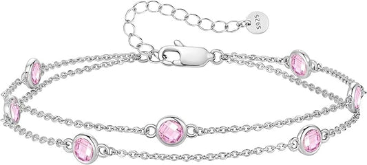 LOUISA SECRET Birthstone Bracelets for Women, 925 Sterling Silver Charm Link Double Strand Bracelet, Birthday Anniversary Christmas Jewelry Gifts for Wife Girlfriend Mother her…