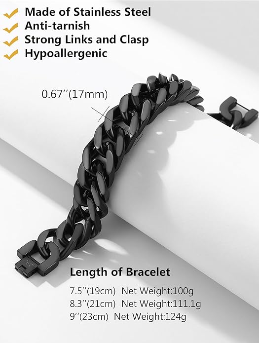 8/12/17mm Wide Cuban Link Bracelet for Men Father Gift 18K Gold/Black Plated Stainless Steel Bracelets 7.4-9 Inches(Gift Wrapped)