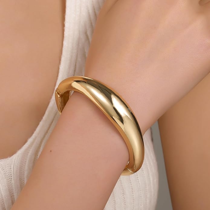 jokcde Chunky Gold/Silver Gold Cuff Bangle Bracelets for Women Trendy Hinged Cuff Open Wide Chunky Gold Bracelet Minimalist Bangle Jewelry Gift