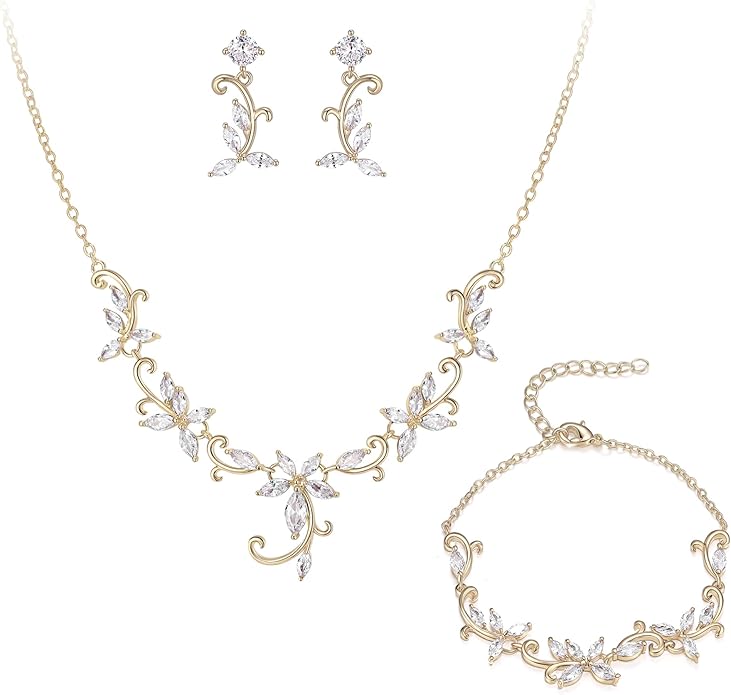 Crysdue Flower Leaf Wedding Jewelry Set for Bridal Bridemaid, Cubic Zirconia Teardrop Elegant Silver/14K/Rose Gold Plated Vine Necklace Dangle Earrings for Prom Party