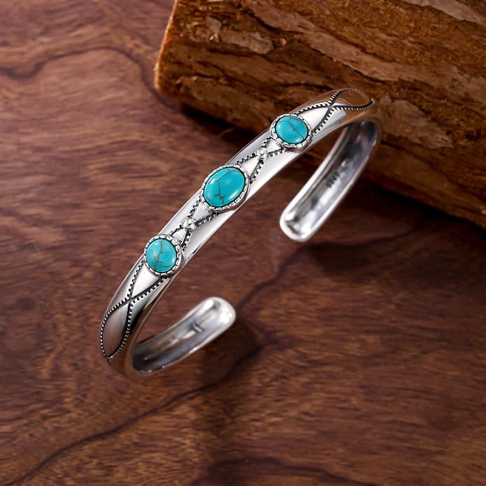 Genuine Turquoise Boho Bracelet for Women, Sterling Silverg Gemstone Native American Western Jewelry, Fit for 6.5 7 7.5 Inches