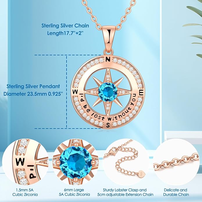 Zifeel Compass Necklace Gifts for Women wife - S925 Sterling Silver Birthstone Necklaces for Women - Anniversary Birthday Gifts for Her Wife Girlfriend - Valentines Mom Mothers Day Christmas Gifts Jewelry for Women