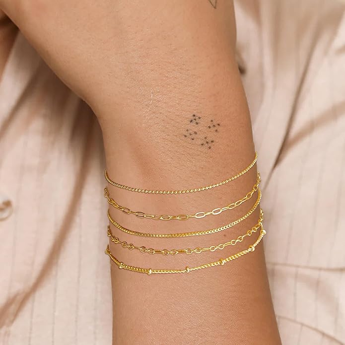 Gold Bracelets for Women Trendy,14K Gold Plated Dainty Stackable Paperclip Cuban Link Chain Bracelets, Simple Cute Cuff Bracelets Jewelry Set Adjustable 7"+2"