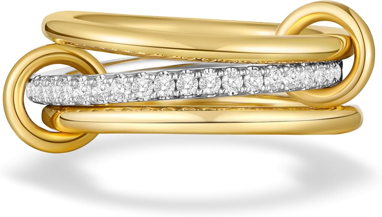 AllenCOCO 14K Gold Plated Stackable Rings, 3 Ring Set with CZ Cubic Zirconia, Gold & Silver Stacked, Multi-Link Connected Interlocking Band for Women Statement Hypoallergenic Upgraded Craft