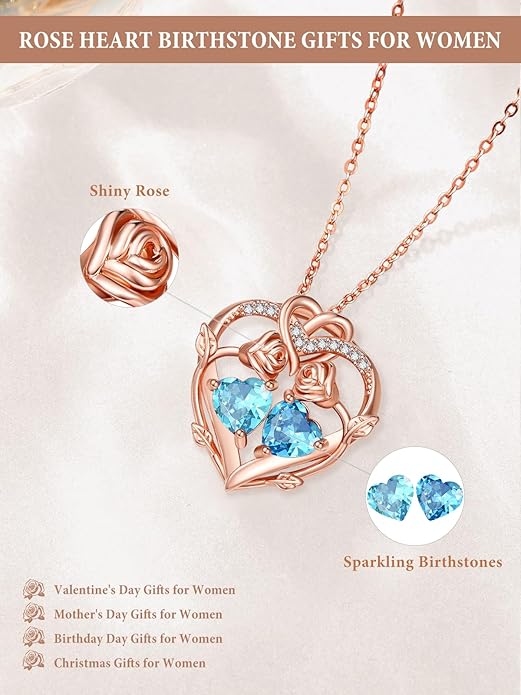 Rose Gold Necklaces for Women Double Birthstone Rose Flower Heart Pendant Necklace Jewelry Anniversary Christmas Valentine's Mother's Day Birthday Gift for Wife Mom Her Girlfriend Sister