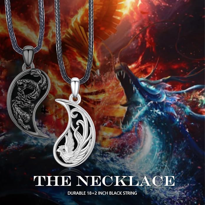 OHAYOO Dragon Phoenix Matching Necklace for Couples 925 Sterling Silver Yin Yang Pendant Necklaces for Couples Jewelry for Him and Her