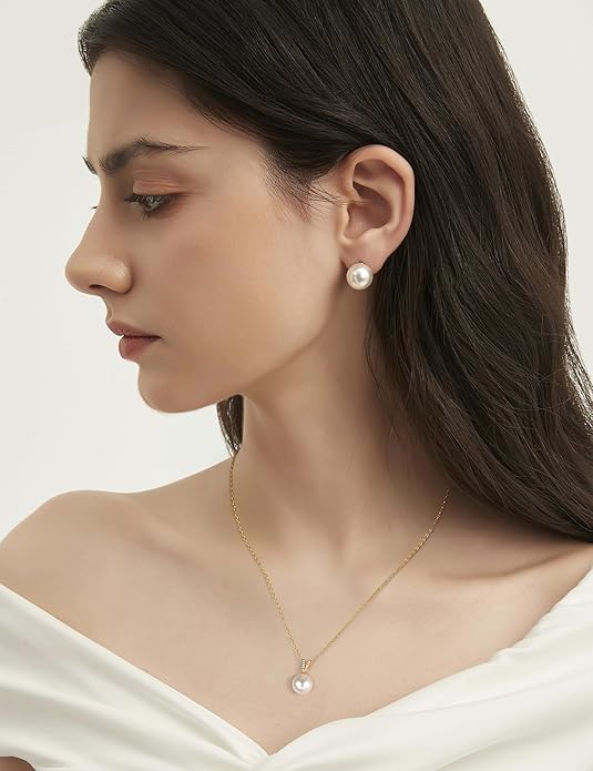 Mameloly Pearl Necklaces for Women Trendy 925 Sterling Silver Dainty V CZ Pendant 10MM/12MM Single Simulated White Pearl Choker Necklace for Women Wedding Cute Jewelry