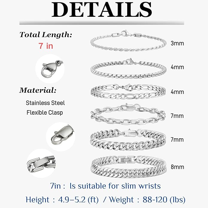XIANNVXI 6pcs Stainless Steel Bracelets for Men Women Silver/Gold/Black Cuban Link Rope Paperclip Chain Bracelets Set 6.5/7/7.5/8.3/9 Inches Metal Bracelet Mens Fashion Accessories Jewelry Set