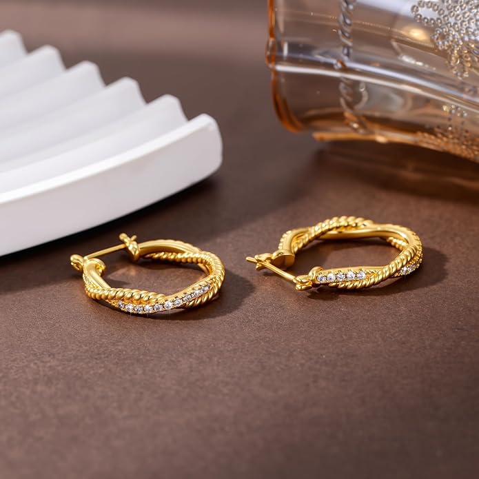 14K Gold Earring for Women Twisted Hoop Earrings Hypoallergenic Lightweight Trendy Gold Earring Jewelry Gift 25mm