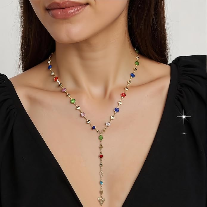 Irregular Y2k Long Y-shaped Necklace with Zircon Inlaid Sparkling Brick Tassel Pendant Double-Layer Chain High-end Fashion Accessory Women's