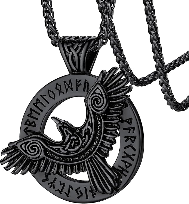 FaithHeart Viking Raven Necklace for Men, Norse Mythology Raven Skull Pendant Sturdy Stainless Steel Amulet Jewelry Gift for Men