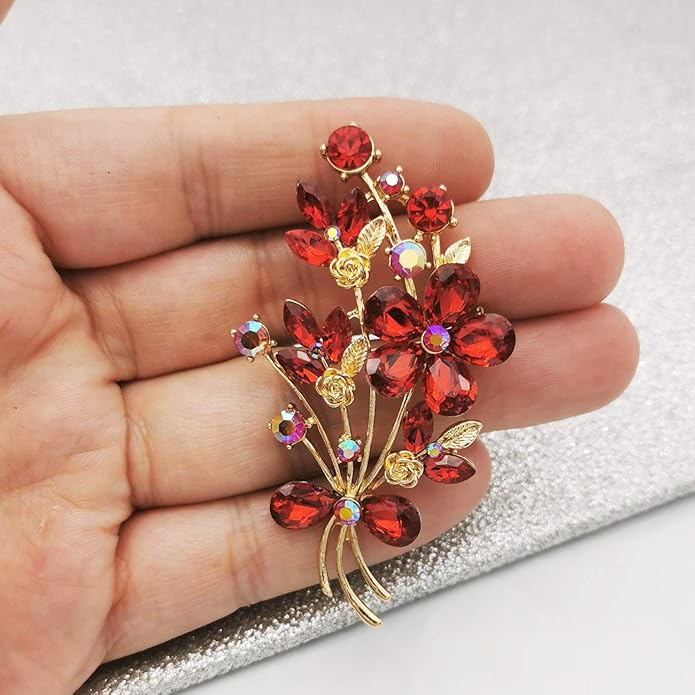 YOQUCOL Red Colour Zircon Crystal Poppy Flower Bouquet Shape Brooch Pins for Woman Gift