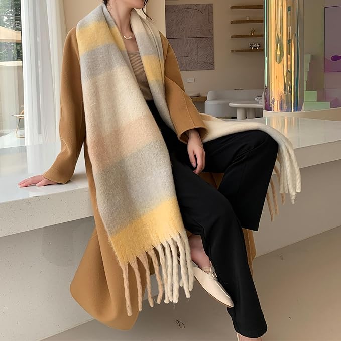 SHOHOKU Large Chunky Plaid Scarf Coloured Checked Oversized Scarf Tassel Soft Fall Winter Thick Warm Shawl Women