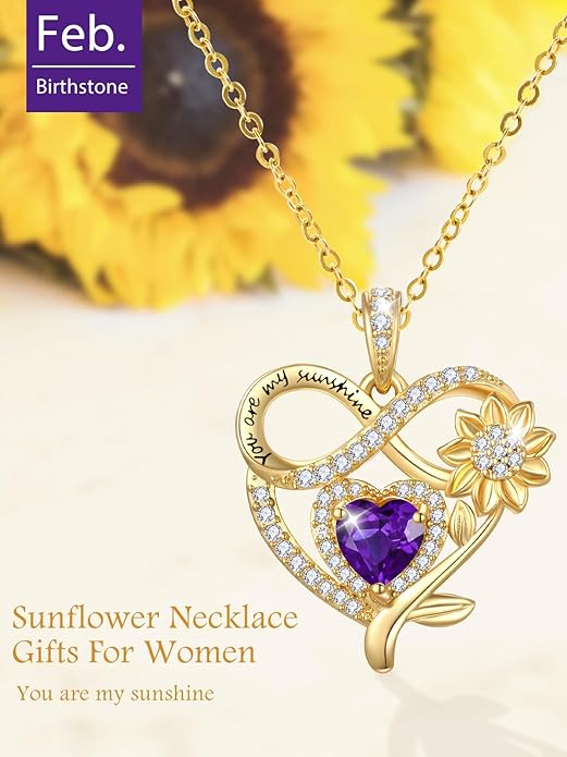 14K Gold Sunflower Heart Necklace for Women, You Are My Sunshine Jewelry with Birthstone Pendant, Anniversary Birthday Gifts for Her Wife Mom Grandma Daughter