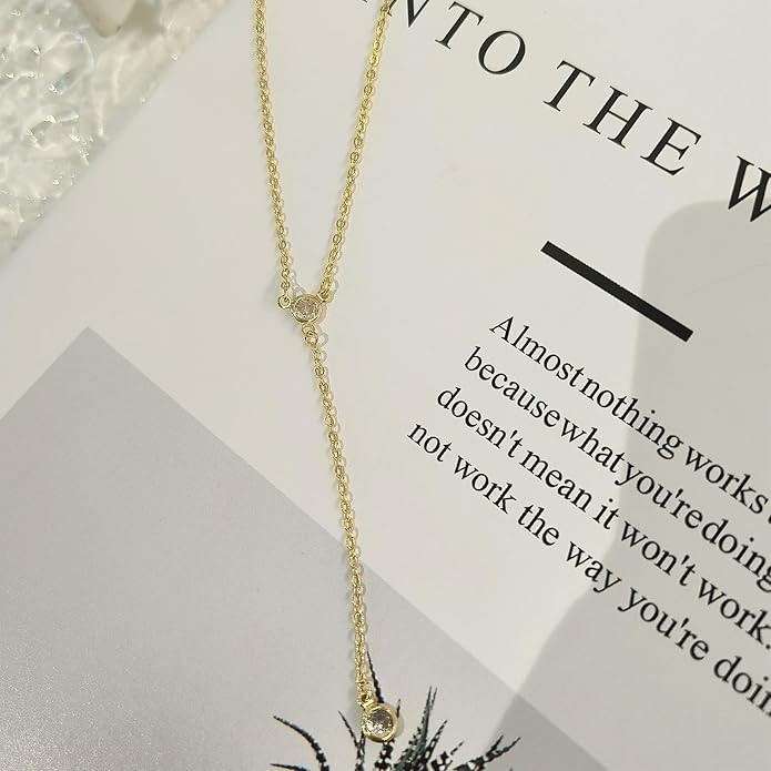 Lariat Silver/Gold Necklace for Women 925 Silver/14K Gold Plated Dainty Long Necklace Y-Shaped Drop Pendant Necklaces Choker Trendy Chain Simple Layered Necklaces CZ Jewelry for Women Set Gift