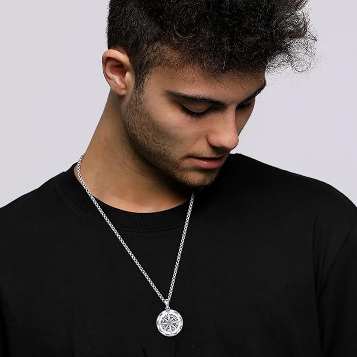 KINGWHYTE Compass Necklace for Men 925 Sterling Silver Birthday Gifts Graduation Travel Jewelry for Husband Brother with Stainless Steel Chain