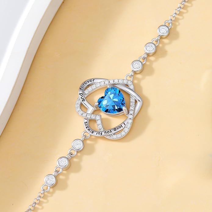 TOUPOP Heart Birthstone Bracelet 925 Sterling Silver Double Heart Bracelet Love You for Always and Forever Jewelry Anniversary Birthday Christmas Gifts for Women Wife Her