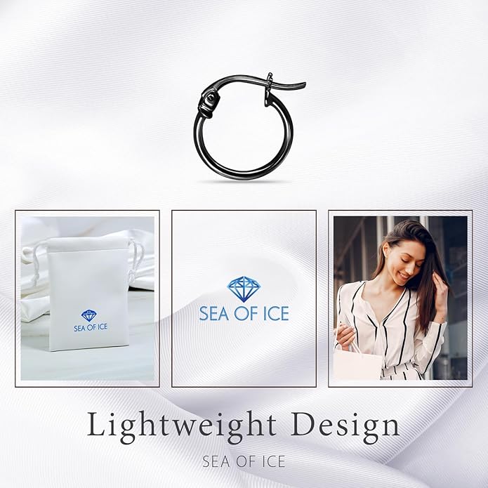 SEA OF ICE 925 Sterling Silver Hoop Earrings for Women - Hypoallergenic Earrings for Women in Sterling Silver, Yellow Gold, Rose Gold or Black Rhodium | Sizes 12MM, 15MM, 20MM or Multipack
