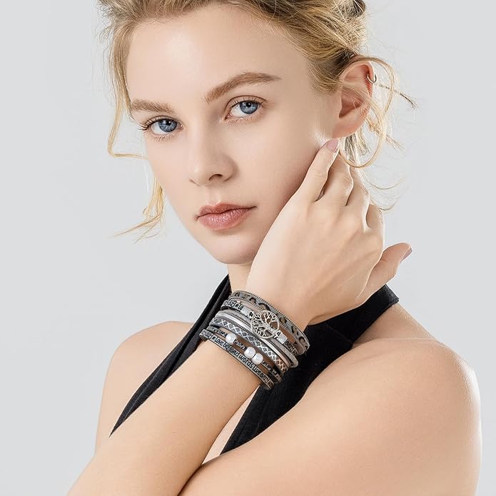 FANCY SHINY Tree of Life Leather Wrap Bracelet Inspirational Cuff Bangles Boho Pearl Bracelets with Magnetic Clasp Unique Jewelry Gifts for Women