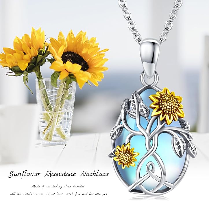 CHENGHONG Sunflower Necklace 925 Sterling Silver Tree of Life Necklace Daisy/Rose/Sunflower Pendant Necklace Sunflower Jewelry Gifts for Women Mom