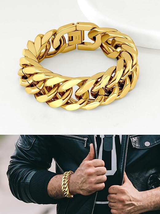 8/12/17mm Wide Cuban Link Bracelet for Men Father Gift 18K Gold/Black Plated Stainless Steel Bracelets 7.4-9 Inches(Gift Wrapped)