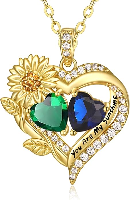 Sunflower Heart Necklace for Women 14K Gold Exquisite Anniversary Birthday Gifts for Wife Mother Her Double Birthstone Pendant jewelry‘You Are My Sunshine’