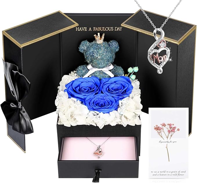 ADDWel Gifts for Mom from Daughter and Son, Unique Mom Birthday Gift Idea, Preserved Real Roses with Sterling Silver Mom Necklace, Cool Present to Mother Mama