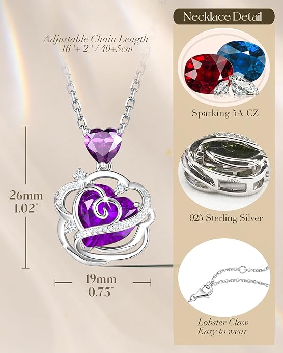 FANCIME Thornless Pulse Birthstone Necklace for Women Sterling Silver Rose Pendant Fine Jewelry Gemstone Birthday Valentines Day Gifts for Wife Her