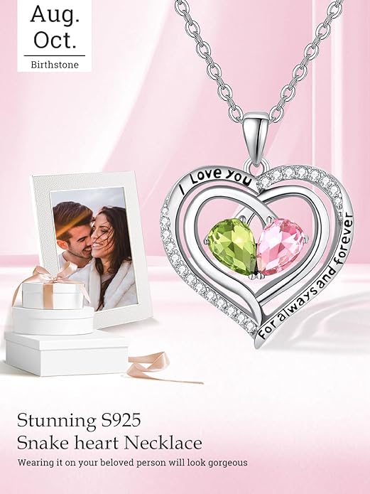 Zeuslia Double Birthstone Necklace Gifts for Wife - 925 Sterling Silver Sunflower/Rose/Crown Cross/Compass/Heart Pendant I Love You Necklace, Anniversary Birthday Gifts for Wife Girlfriend Mom Her