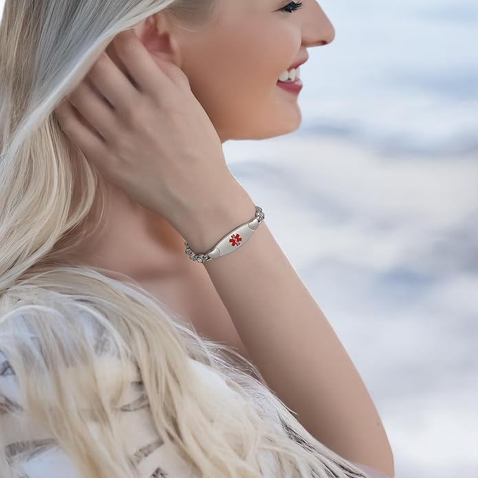 LinnaLove Fashion Shiny medical alert bracelet with Free Engraving Stainless steel Medical id bracelet for Women