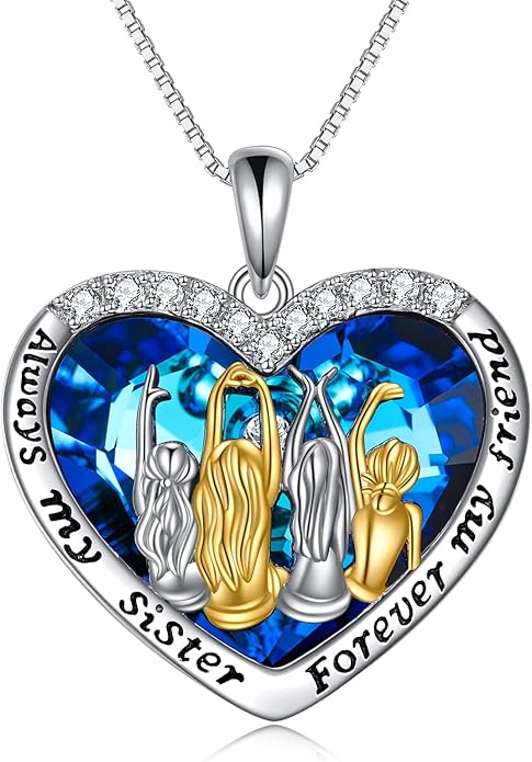 POPKIMI 925 Sterling Silver Sister Necklace - Birthday Gift for Sisters, Mom, Daughter - Always My Sister Forever My Friend Crystal Necklace for 2/3/4/5 Sisters