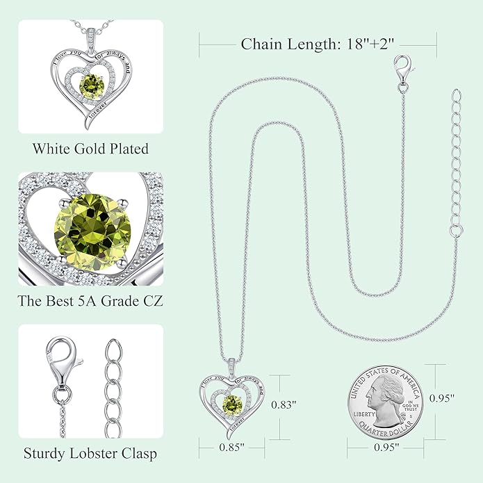 S925 Sterling Silver Necklace for Women, Christams Gift for Women, Love Heart Birthstone Necklaces for Women, Wife Jewelry, Mom Birthday Valentines Mothers Day Gifts, Girlfriend Necklaces, Daughter Heart Jewel, Anniversary for Her