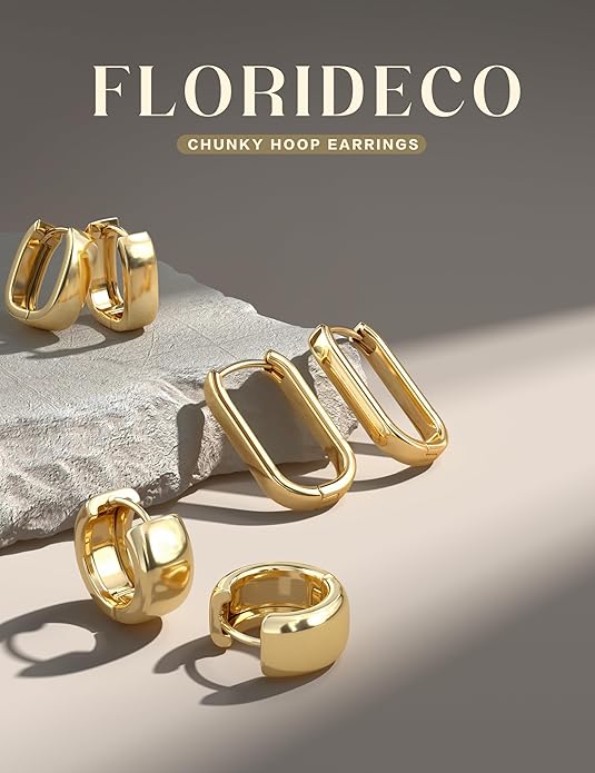 Florideco 3Pairs Chunky Gold Earrings Set 14K Gold Plated Hoop Earrings for Women Trendy Small Thick Huggie Hoops Earring Lightweight Silver Hoop Earring Sets for Multiple Piercing
