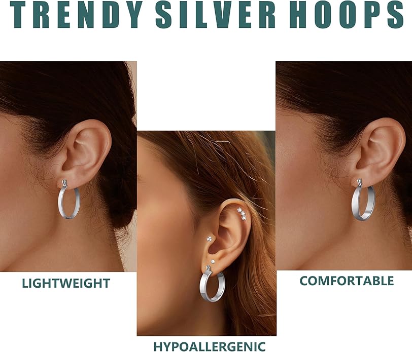 WGOUD 3 Pairs 925 Sterling Silver Post Hoop Earrings Hypoallergenic 14K Gold Plated Lightweight Hoop Earrings for Women Medium Silver Hoops Earring for Women 24/26mm
