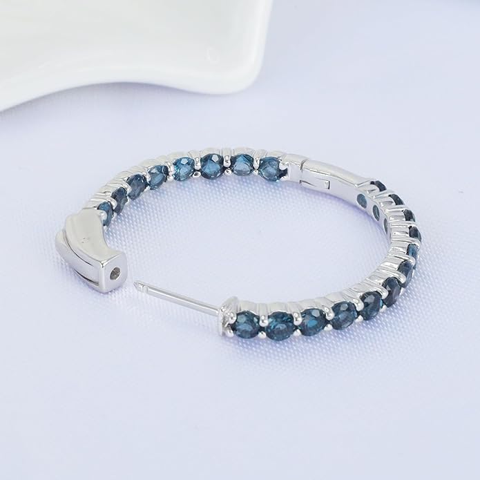Hoop Earrings with 40 Colored Gemstones, Birthstone Earrings, 925 Sterling Silver Rhodium Plated, Push Back Closure, 1.18'