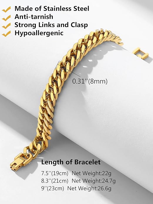 8/12/17mm Wide Cuban Link Bracelet for Men Father Gift 18K Gold/Black Plated Stainless Steel Bracelets 7.4-9 Inches(Gift Wrapped)
