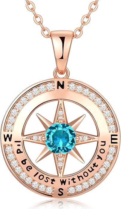 Zifeel Compass Necklace Gifts for Women wife - S925 Sterling Silver Birthstone Necklaces for Women - Anniversary Birthday Gifts for Her Wife Girlfriend - Valentines Mom Mothers Day Christmas Gifts Jewelry for Women