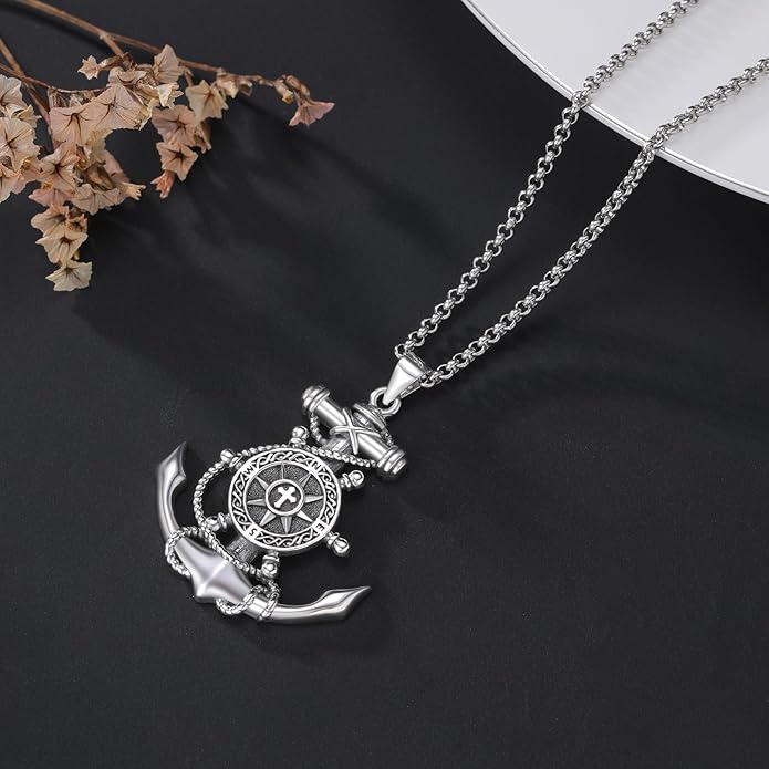 LES OSEWA Compass Necklace for Men Sterling Silver Compass Pendant Masonic Viking Necklace Travel Amulet Necklace Inspirational Graduation Jewelry Gifts for Women
