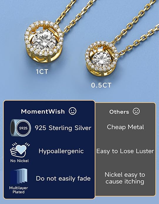 MomentWish Floating Necklace for Women, 0.5/1 Carat Dancing Moissanite Necklace for Her 925 Sterling Silver Pendant Anniversary Birthday Christmas Gift for Wife Mom Girlfriend
