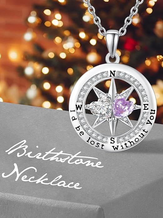 Compass Birthstones Necklace for Women, Exquisite Anniversary Birthday Gifts for Wife Her Double Birthstone Pendant jewelry ‘I'd be Lost Without You’
