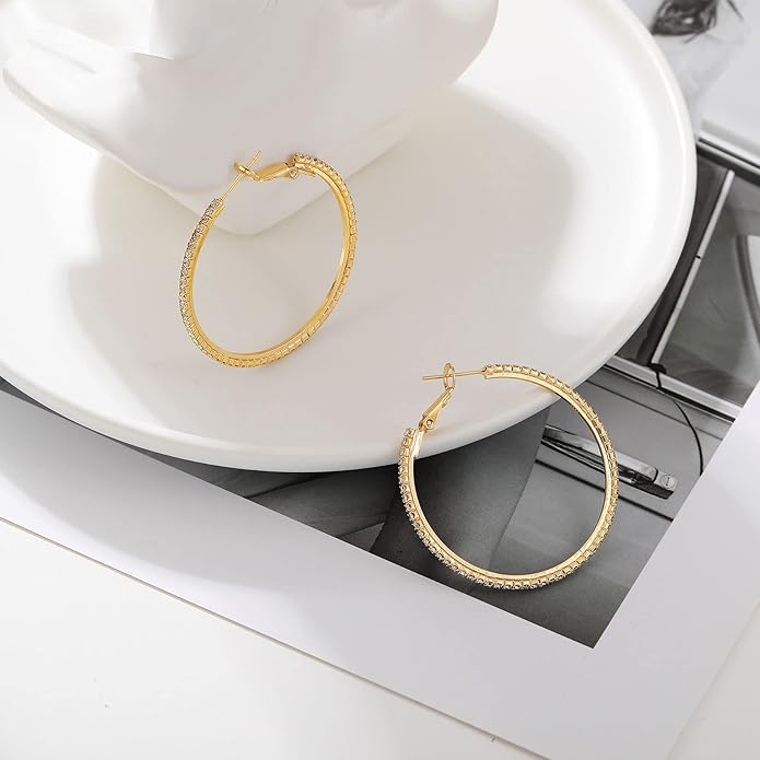 925 Sterling Silver Earrings Large Rhinestone Hoop Earrings Big Cubic Zirconia Hoop Earrings Thin Rhinestones Round Hoop Earrings for Women 20/30/40/50/60/70mm Sparkly Hoops With Crystals for Womens