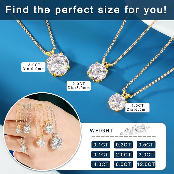 Moissanite Necklace for Women 0.1-12.0CT(3-15mm) Oval/Round Cut Moissanite Pendant 18k Gold Plated Sterling Silver Necklace D Color VVS1 Solitaire Pendant with 18+2 Inch Chain Jewelry for Mom/Wife
