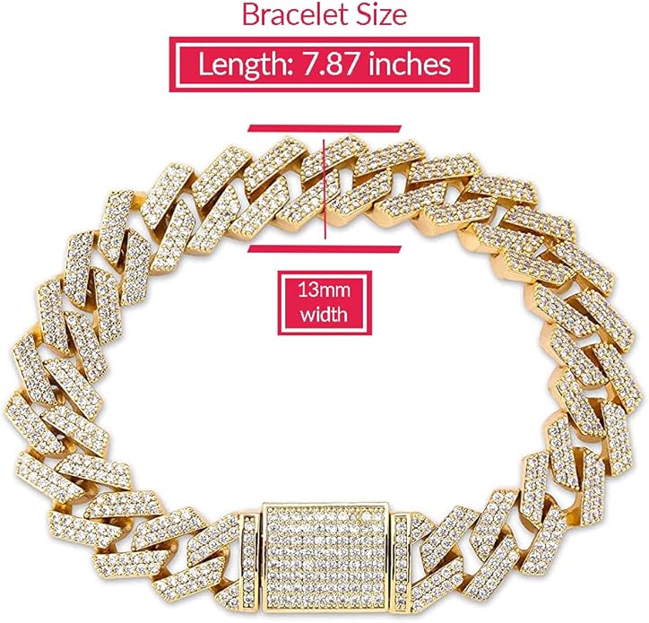 EMESLY Miami Cuban Link Chain 14K Gold Plated Necklace (16, 18, 20, 22, 24, 30 Inches Length); Hip Hop Bracelet (8" Length) for Men & Women; Perfect Iced Out Bling Jewelry Gift