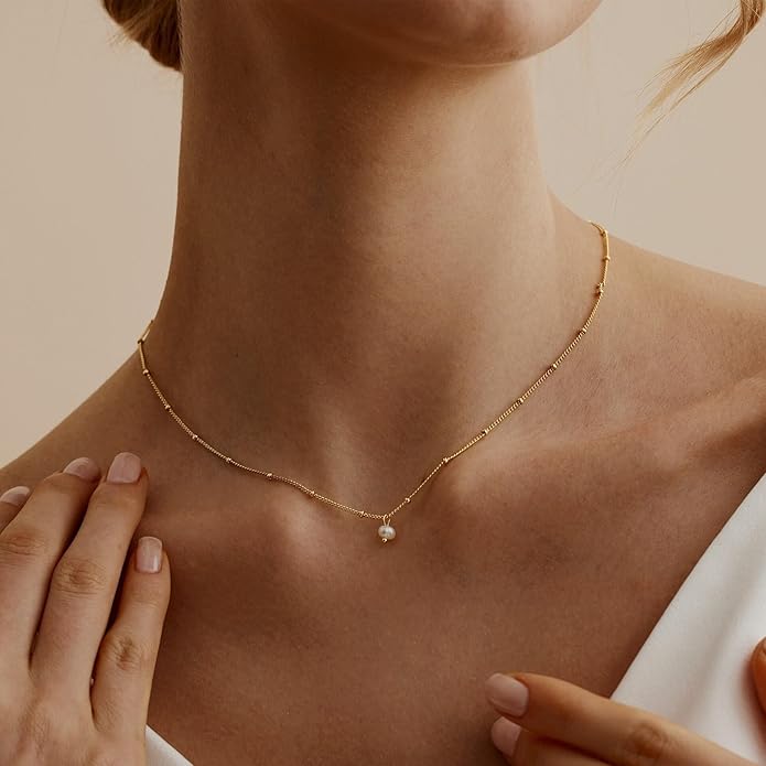 Pearl Necklace for Women Trendy,14k Gold Plated Necklace Dainty Wedding Necklace Small Cute Choker Necklace Beaded Lariat Drop Necklace Vintage Waterproof Jewelry for Women Gold Jewelry Fashion Gifts