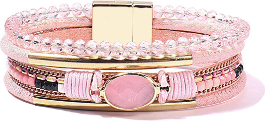 FANCY SHINY Leather Wrap Bracelets Crystal Beads Bracelet Boho Cuff Stone Charm Bracelets with Clasp Costume Jewelry for Women