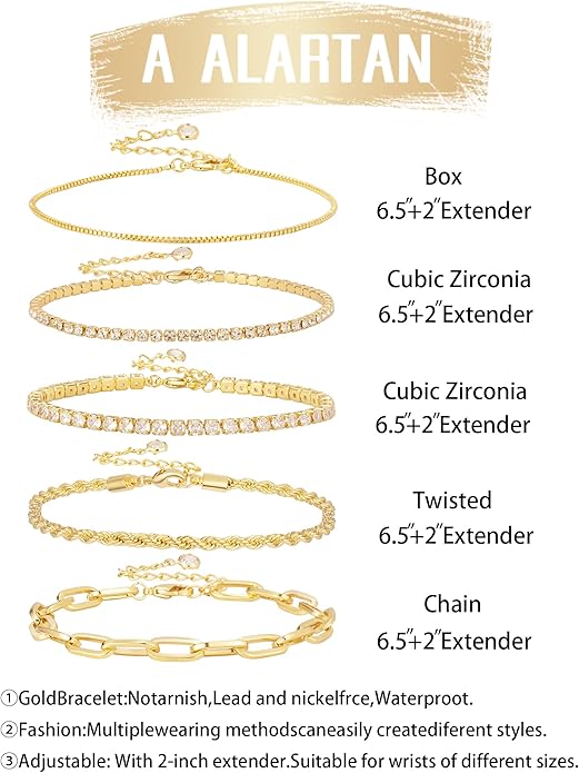 Gold Bracelets for Women 14K Gold Plated Stack Trend Bracelets Charm Paperclip Chain Cuban Link Layered Waterproof Bracelet Dainty Bracelet for Women Jewelry Gifts