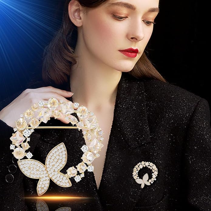 14K Gold Grand Butterfly Brooch with Crystal Embellishments, Circular Design Adorned with Natural Pearl, Luxurious and Elegant Pin for Stylish Attire