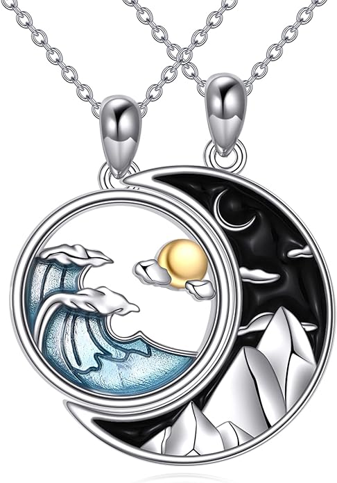 JBAERD Couples BFF Matching Necklaces 925 Sterling Silver Cross/Yin Yang/Sun Moon/Mountain Wave Pendant Necklace Anniversary Birthday Gifts
