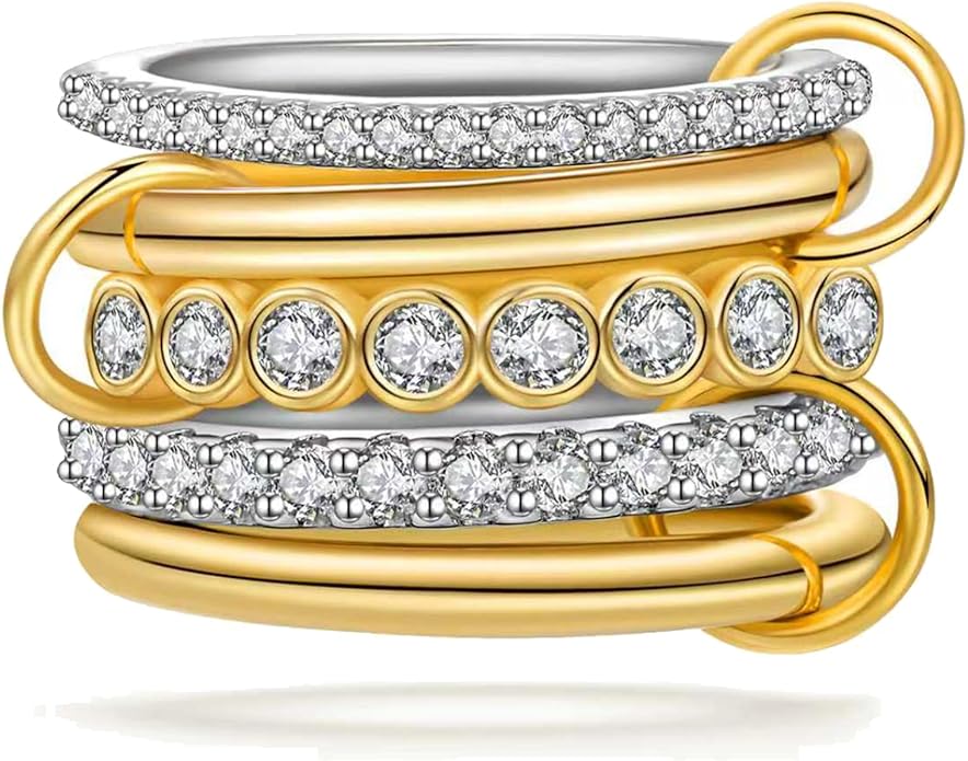 BROCC Stackable Rings for Women 18K Gold Plated Non Tarnish Cubic Zirconia Two-Toned Connected Bands Silver Gold Multi Ring Mixed Metals Stacking Rings Set